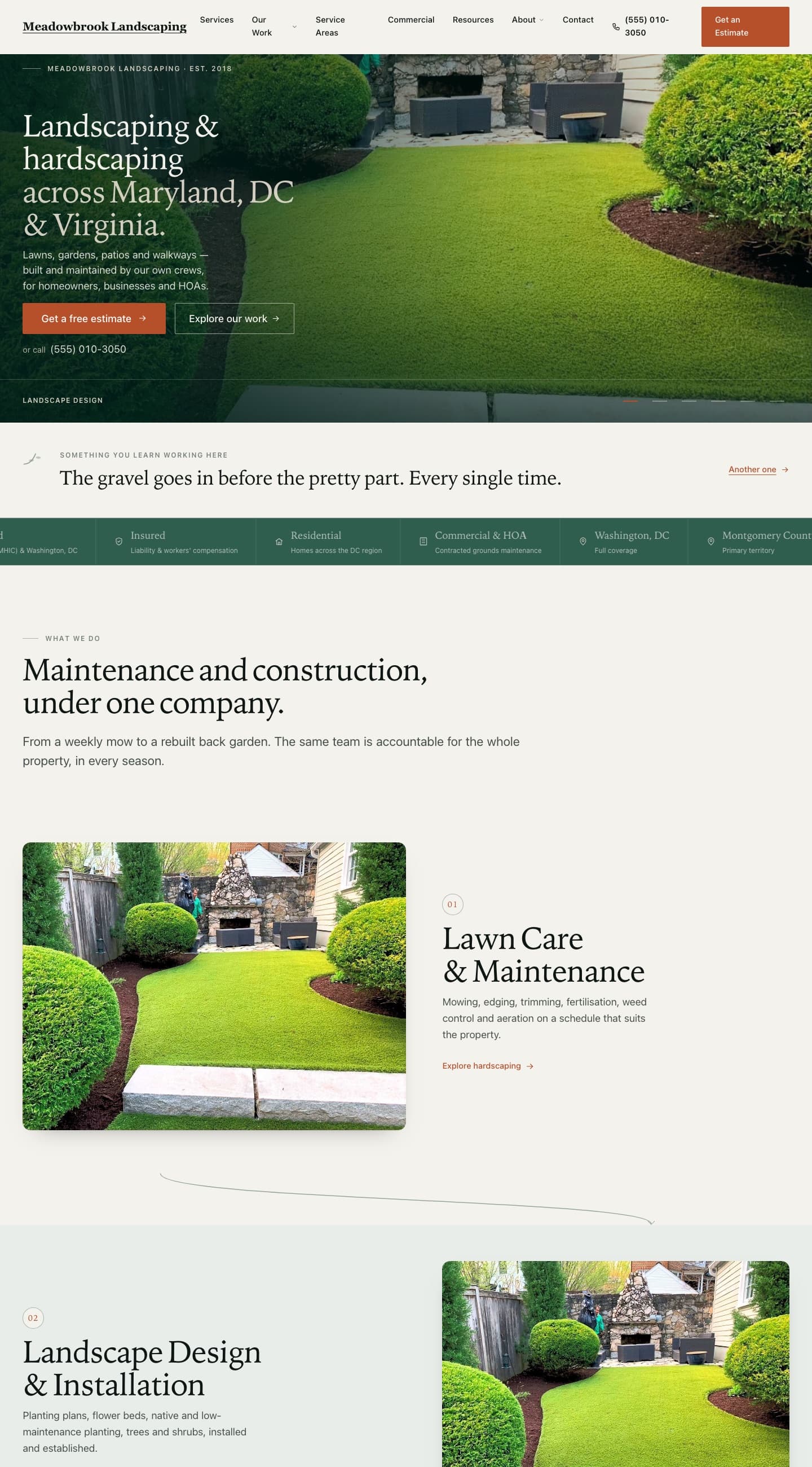 The Meadowbrook Landscaping website design — A warm, editorial site for a local landscaping & hardscaping company.