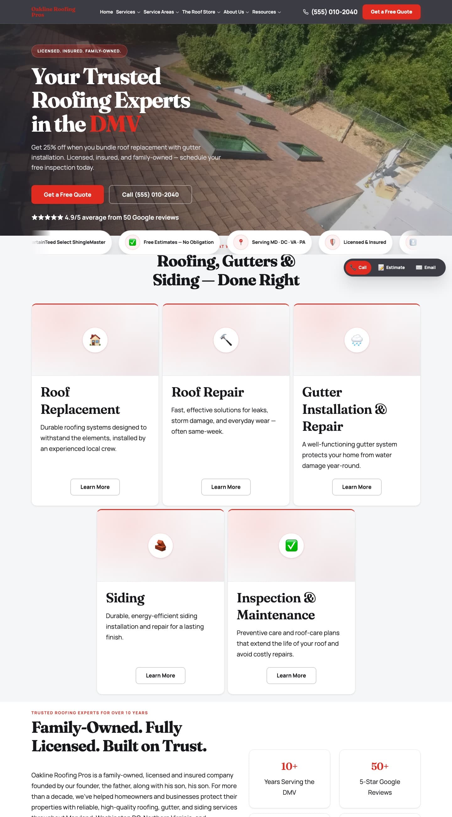 The Oakline Roofing website design — A bold, dark, conversion-focused residential roofing site with a red-accent serif identity.