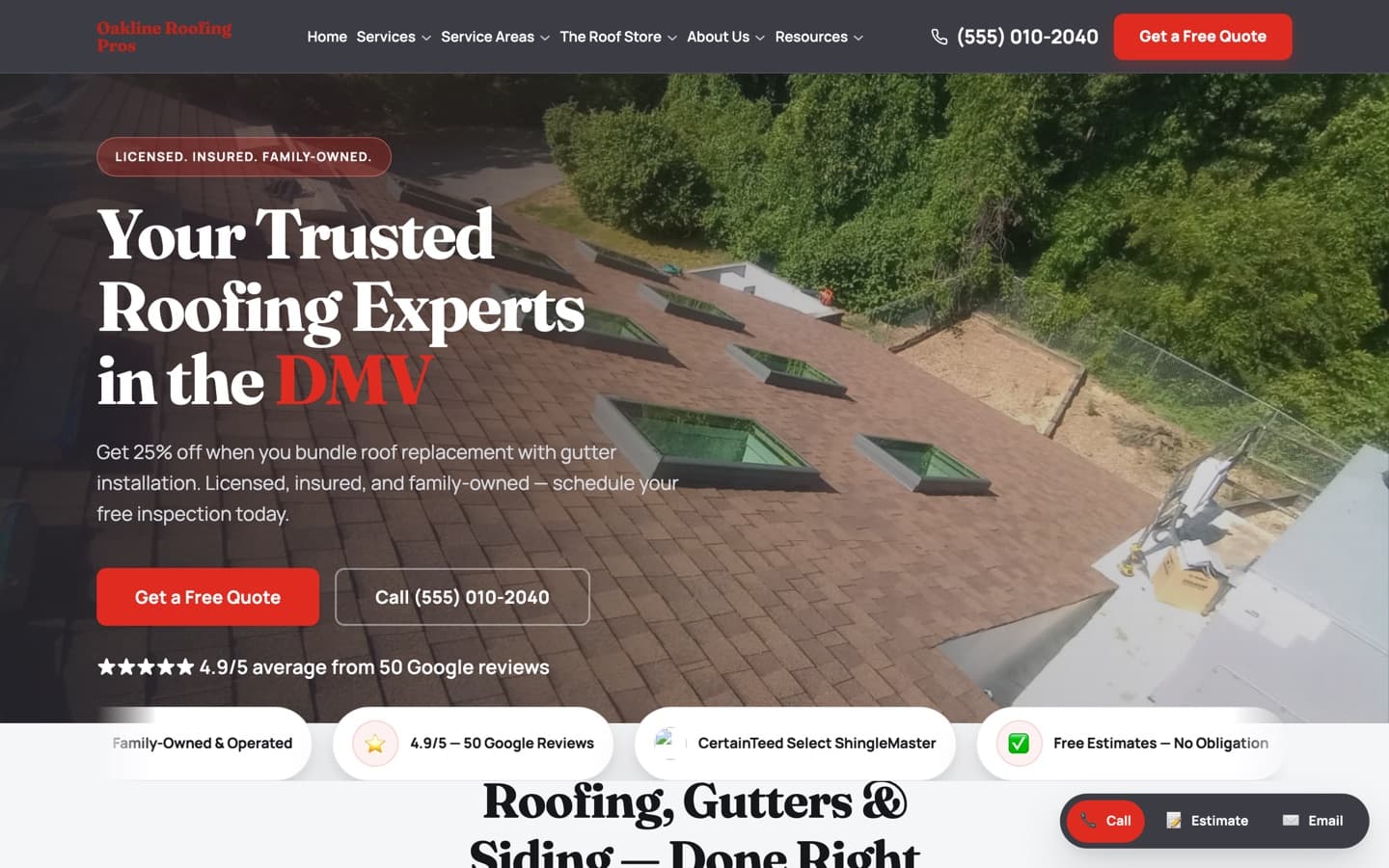 Preview of the Oakline Roofing roofing website design